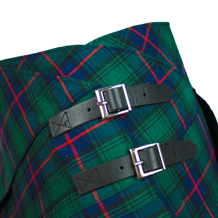 buckles and close up of blue green lightweight tartan pocket skirt by celtic ranchwear