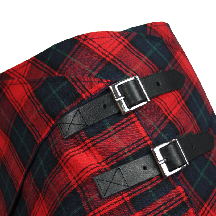 buckles and close up of red blue lightweight tartan pocket skirt by celtic ranchwear
