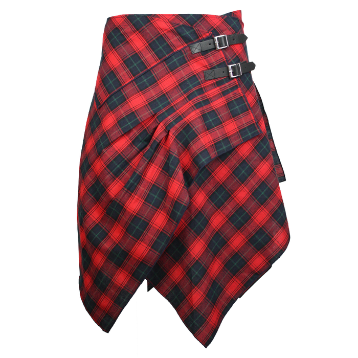 front of red blue lightweight tartan pocket skirt by celtic ranchwear