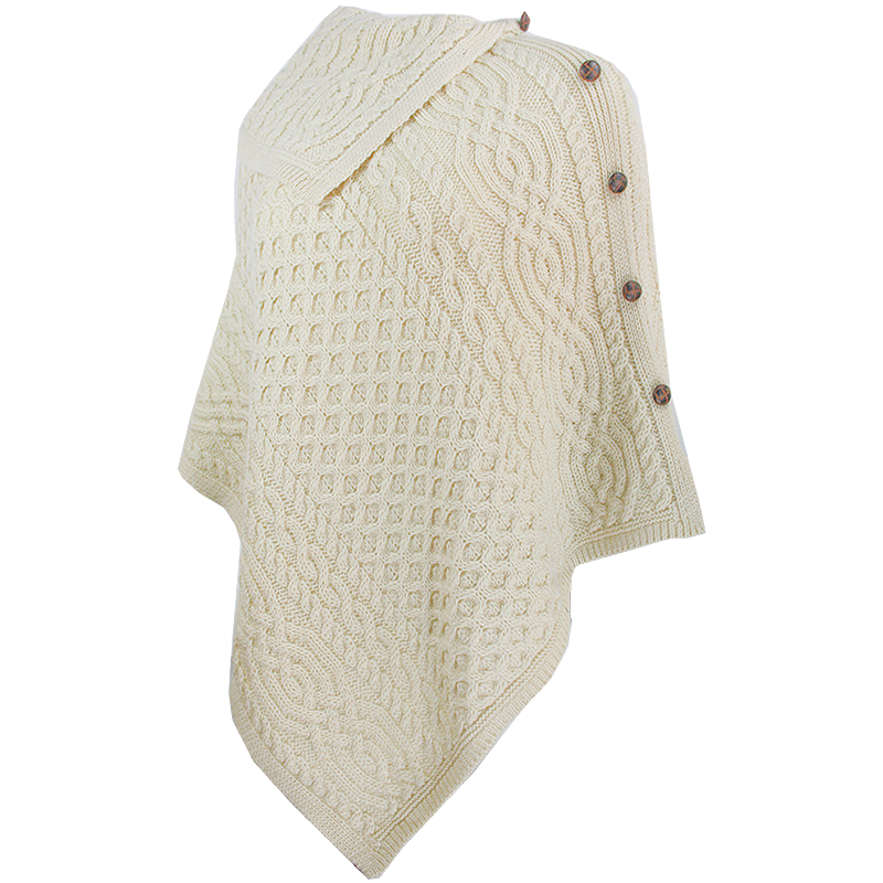 side view of natural knit cowl neck button poncho by west end knitwear