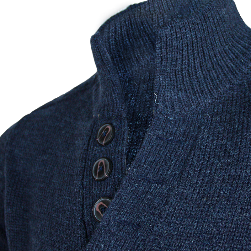 buttons close up of emerald isle indigo galway shawl collar sweater