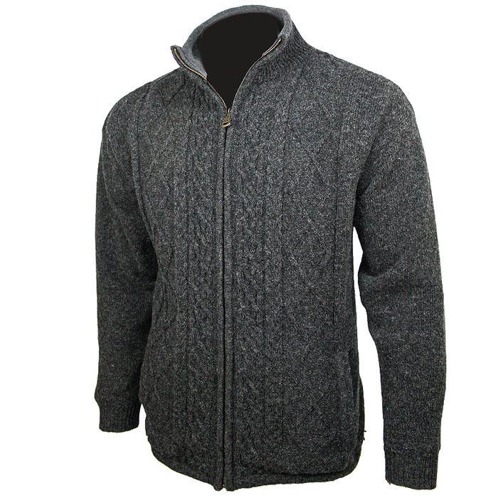 side view of charcoal aran woollen mills full zip sweater cardigan