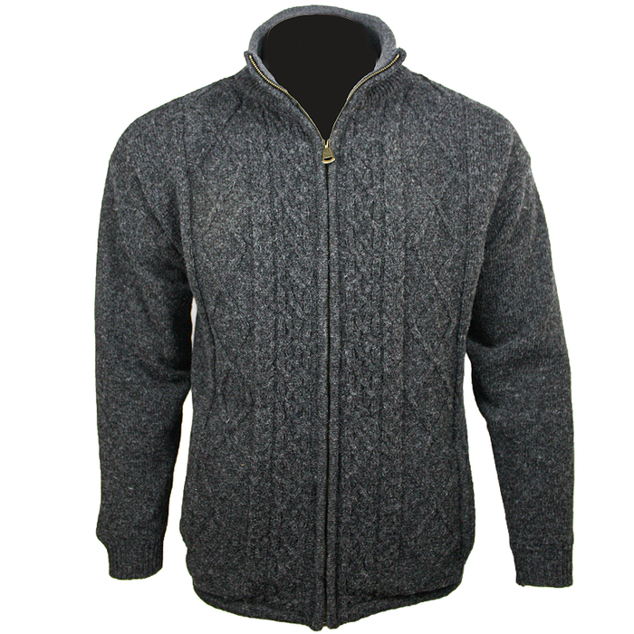 front of charcoal aran woollen mills full zip sweater cardigan 