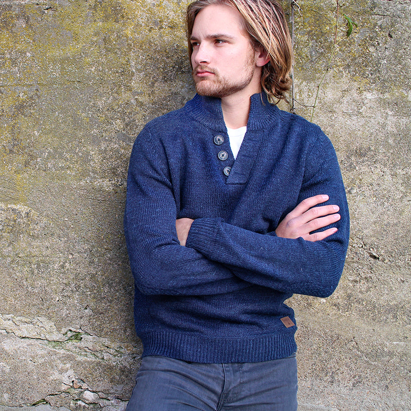 male model of emerald isle indigo galway shawl collar sweater