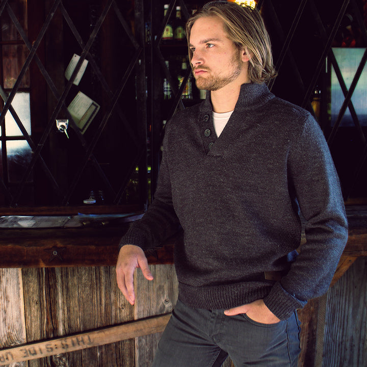 male model of emerald isle galways shawl collar sweater