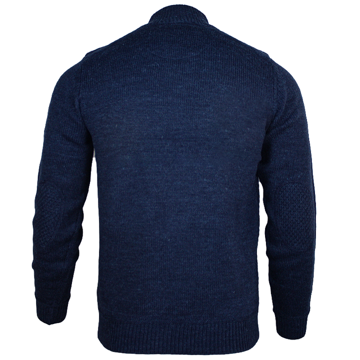 back of emerald isle indigo galway shawl collar sweater