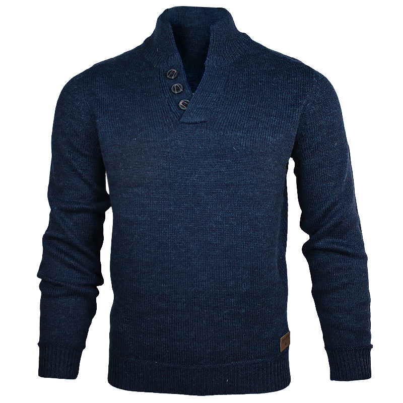 front of emerald isle indigo galway shawl collar sweater