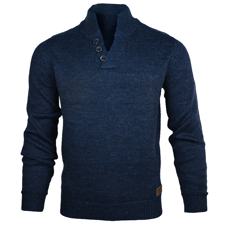 front of emerald isle indigo galway shawl collar sweater