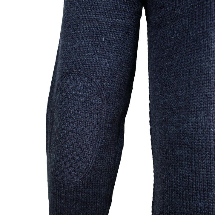 sleeve of emerald isle indigo galway shawl collar sweater