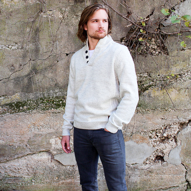 male model of emerald isle winter white galway shawl collar sweater