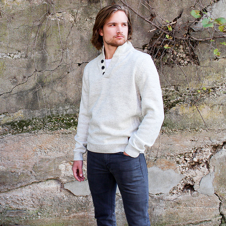 male model of emerald isle winter white galway shawl collar sweater