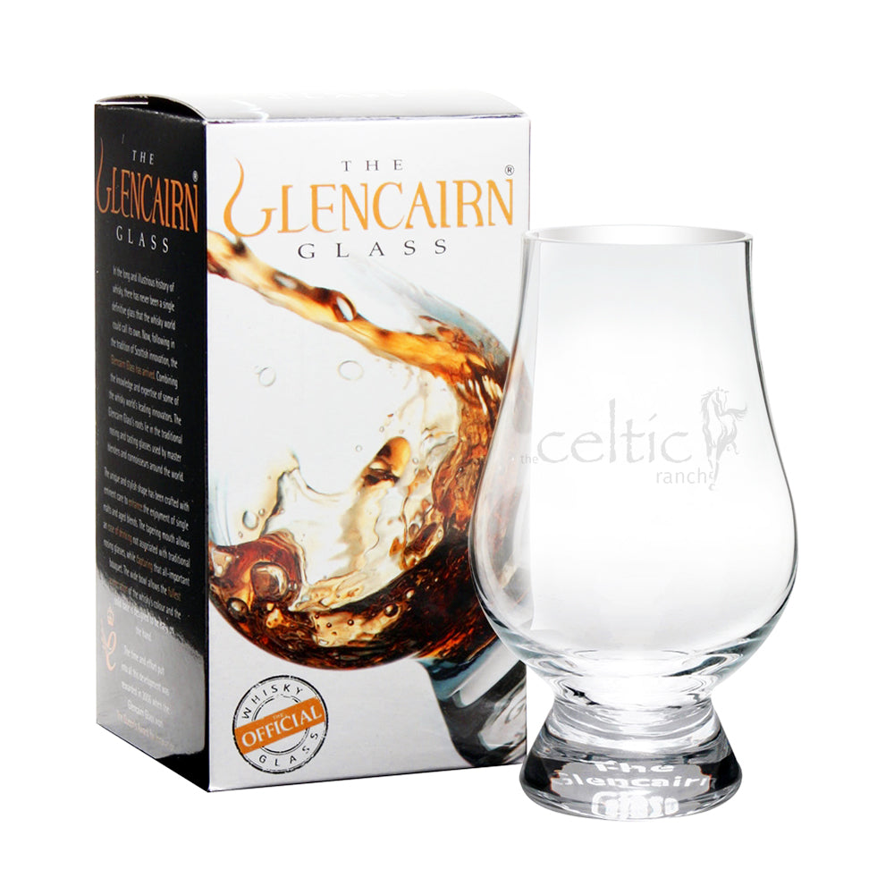 glencairn whiskey glass with celtic ranch logo and gift box