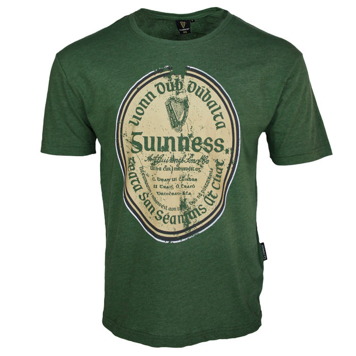 front of green distressed gaelic label t-shirt by guinness