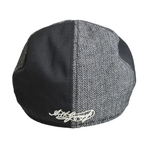 back of grey and black pannelled hat by guinness