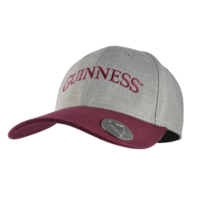 front of bottle opener cap grey and maroon hat by guinness
