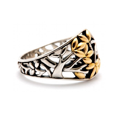 side view of sterling silver and 18k gold tree of life ring by keith jack