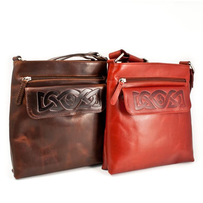 brown and red embossed leather cross body bag by lee river