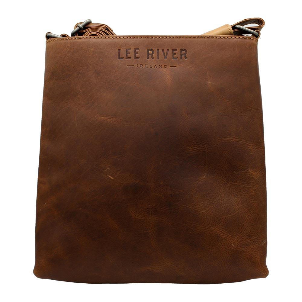 back of rustic tan embossed leather cross body bag by lee river