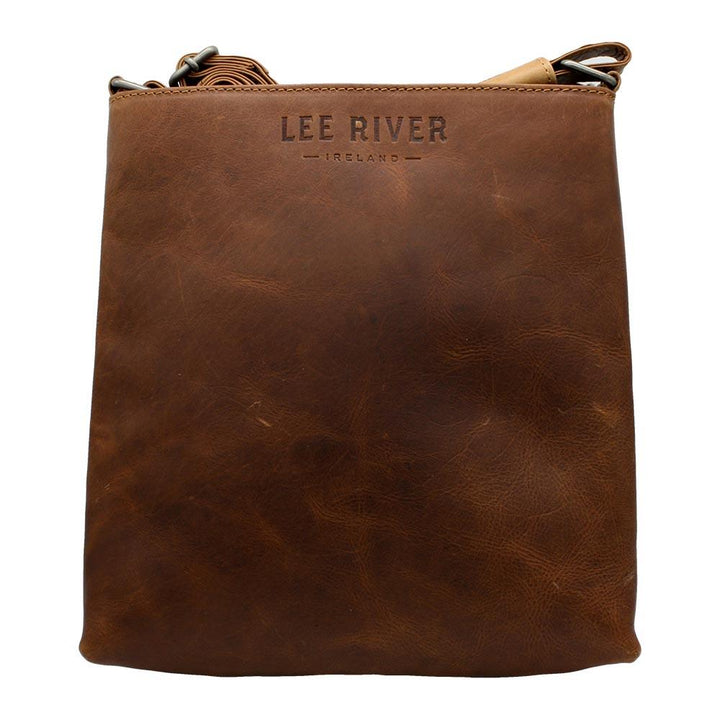 back of rustic tan embossed leather cross body bag by lee river