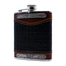 front of black whiskey leather flask by mullingar pewter
