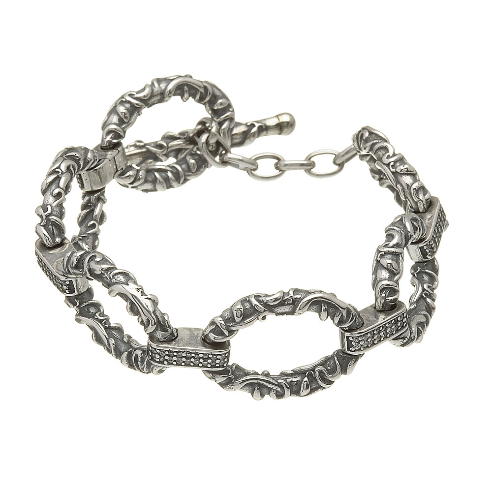 Oxidized Sterling Silver CZ T-bar Bracelet by Boru