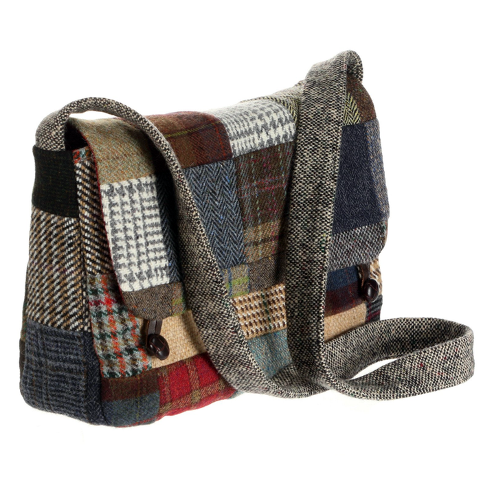 side view of tweed patchwork satchel bag by hanna hats
