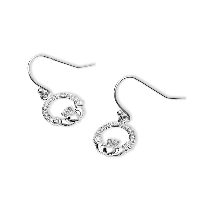 Sterling Silver Pave Claddagh Earrings