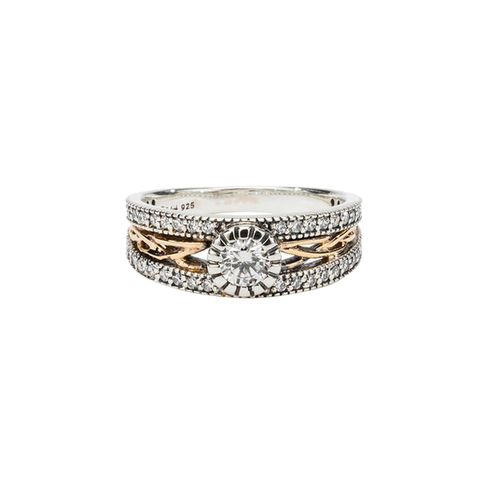 Sterling Silver Oxidized 10k Yellow CZ Brave Heart Ring (Tapered)