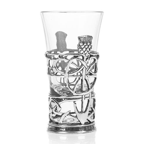 pewter shot glass holder and glass by a e williams