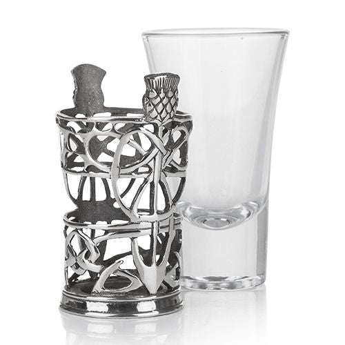 pewter shot glass holder and glass by a e williams