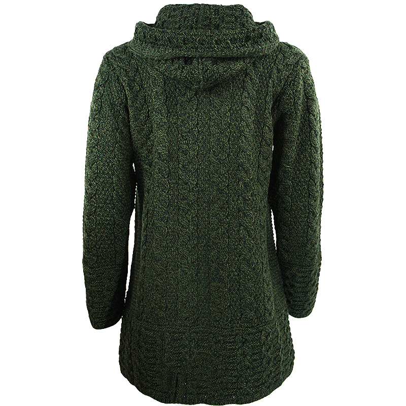 back of army green hooded full zip coat by west end knitwear