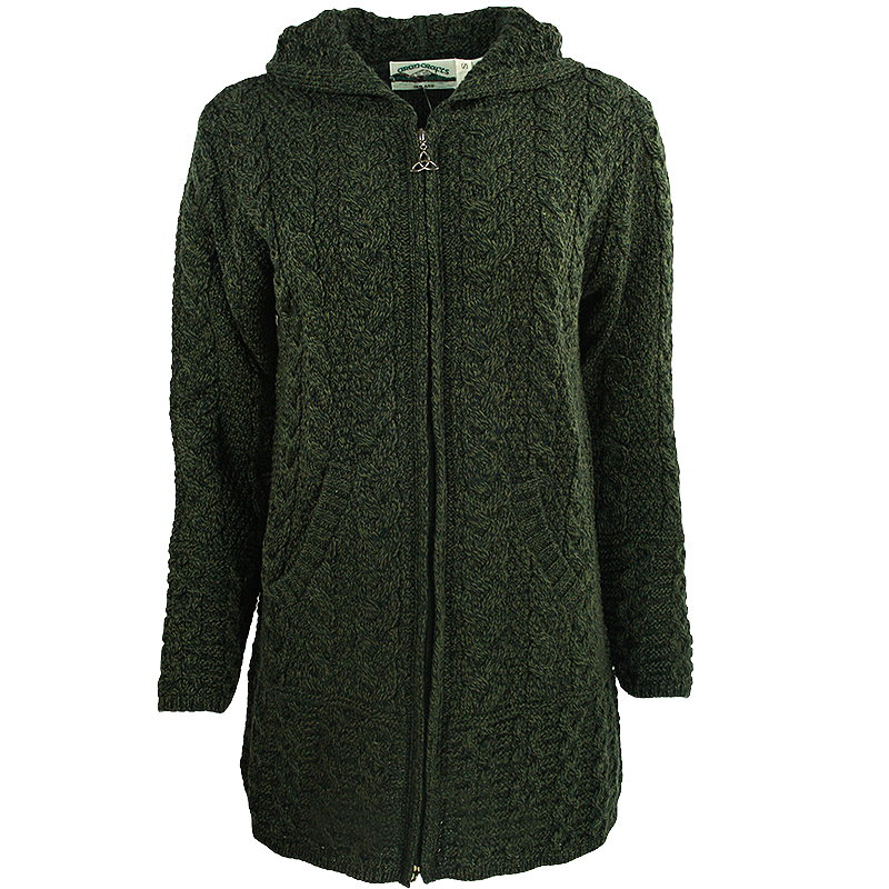 front of army green hooded full zip coat by west end knitwear