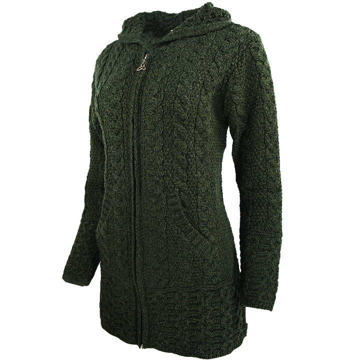 side view of army green hooded full zip coat by west end knitwear