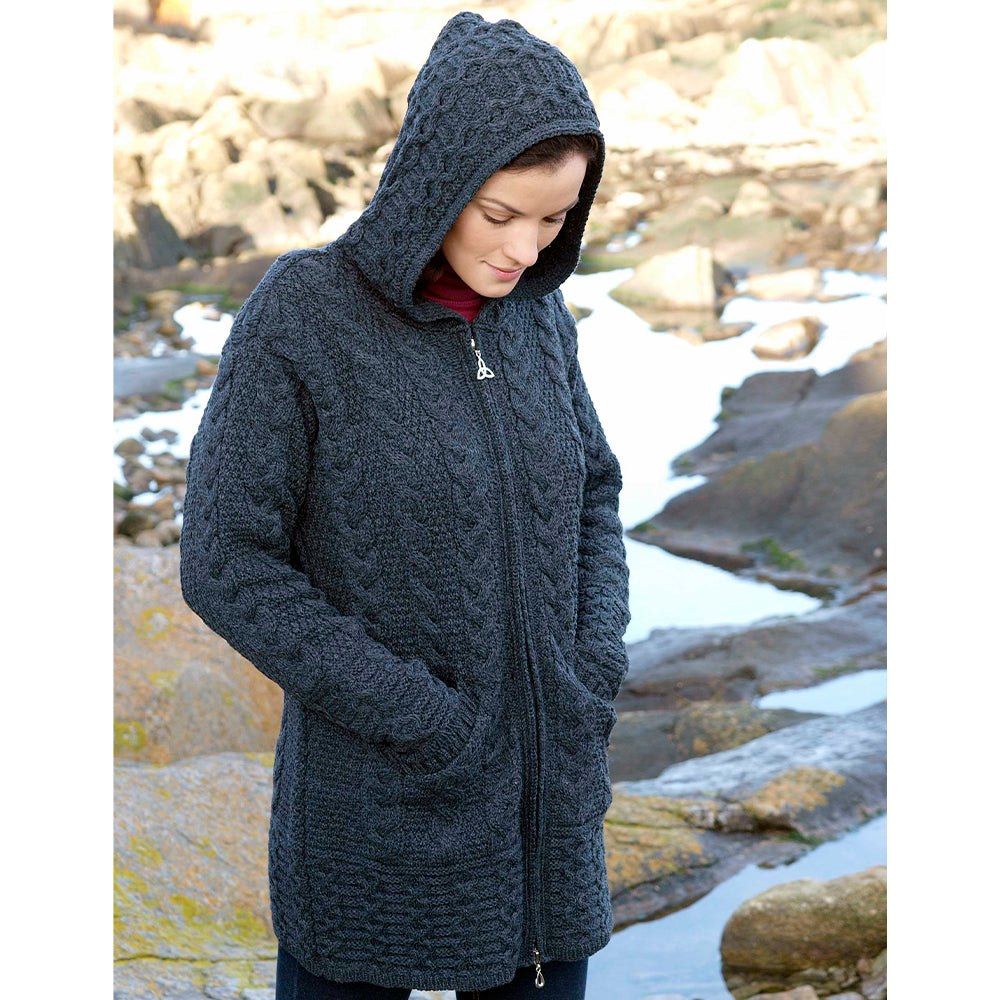 model of charcoal hooded full zip coat by west end knitwear