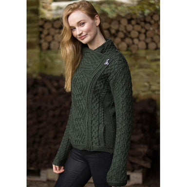 model of army green ladies side zip coat by west end knitwear