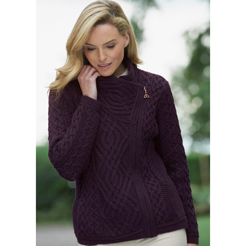 model of damson ladies side zip coat by west end knitwear