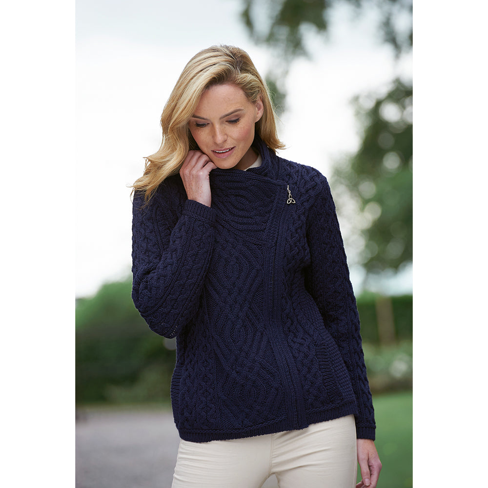 model of navy blue ladies side zip coat by west end knitwear