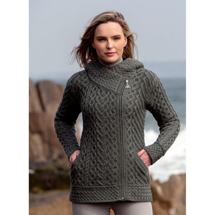 model of thundra side zip hoodie by west end knitwear